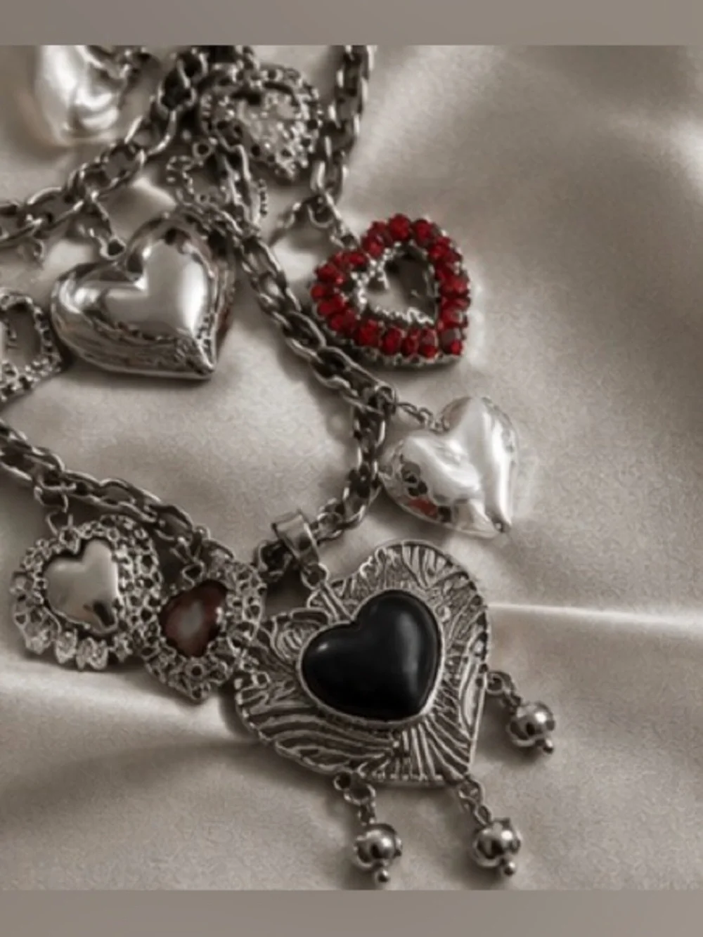 Silver Heart Multi-Charm Necklace with Red and Black Accents